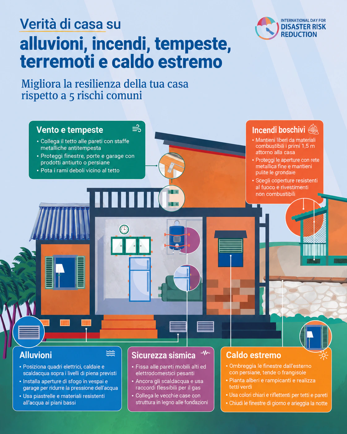 Infografica italiana con indicazioni per rendere la casa più resiliente a vento, incendi, alluvioni, terremoti e caldo estremo.