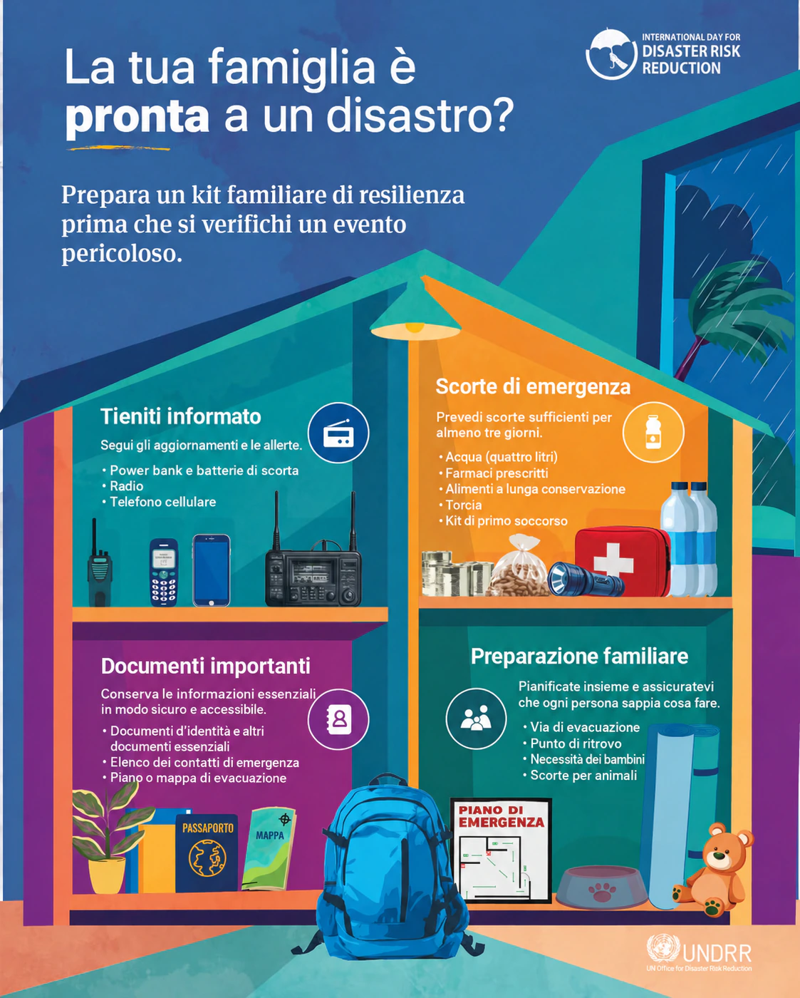 Infografica italiana sul kit familiare di resilienza: informazioni, scorte, documenti e piano familiare.